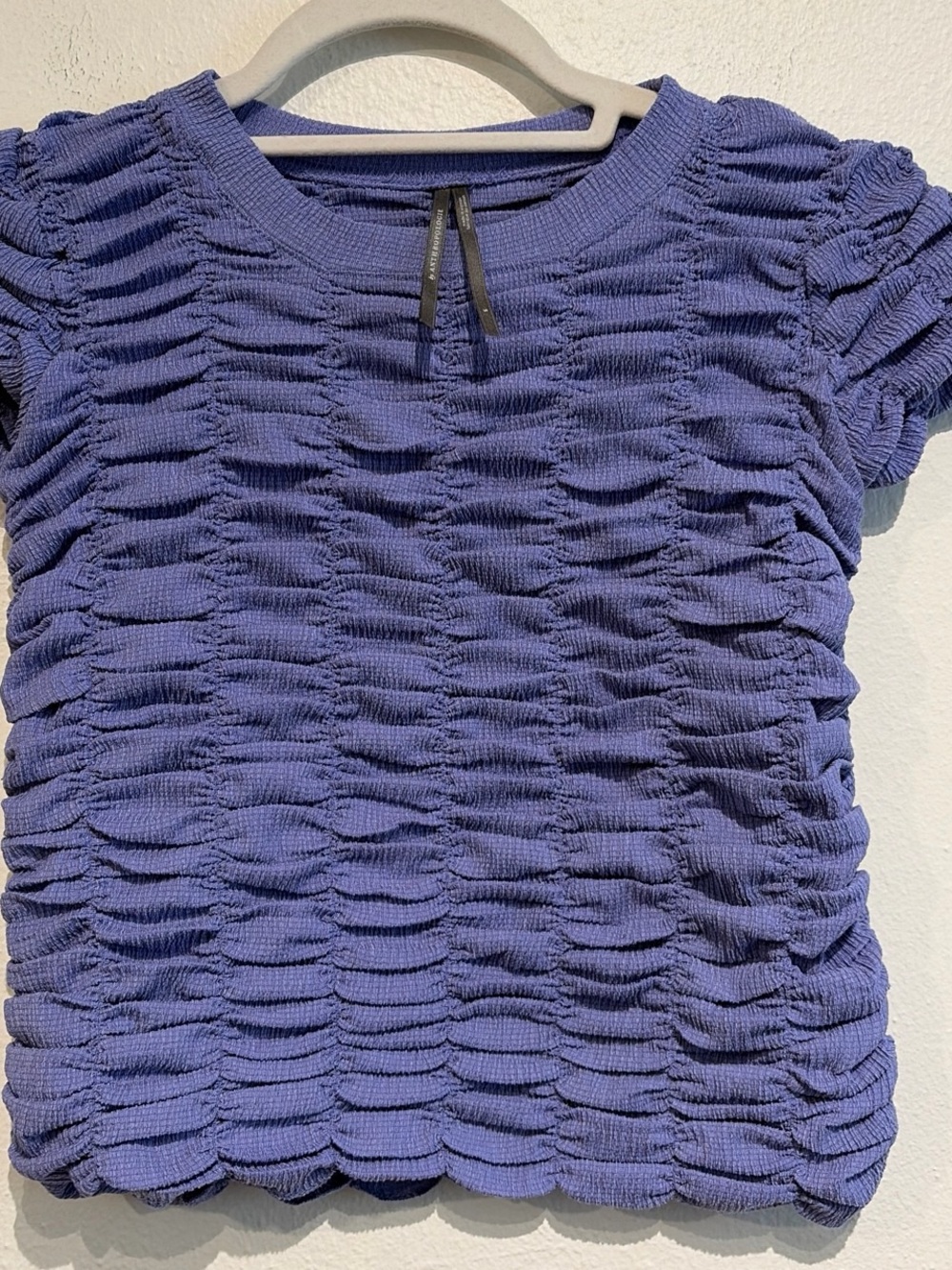 Anthropologie purple/blue ruched short sleeve top blouse i